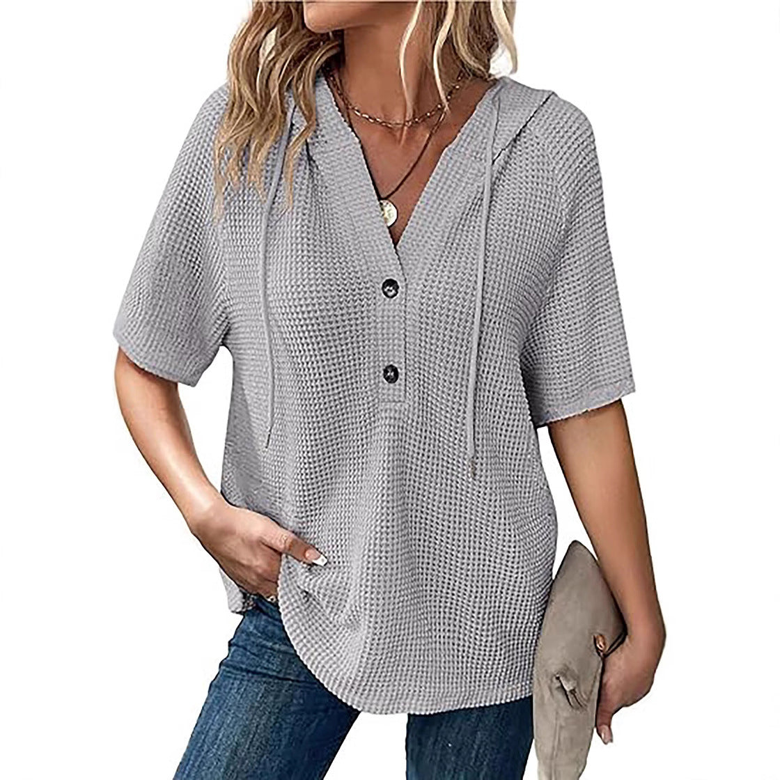 Women's Summer Waffle Knitted Short-sleeved Shirt Lightweight Drawstring Blouses