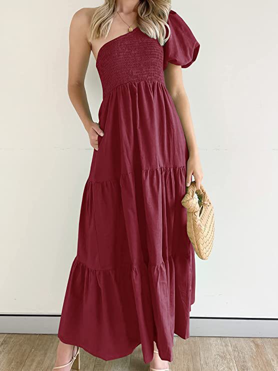 Women's Summer Bohemian Solid Color Smoked Layered Dresses