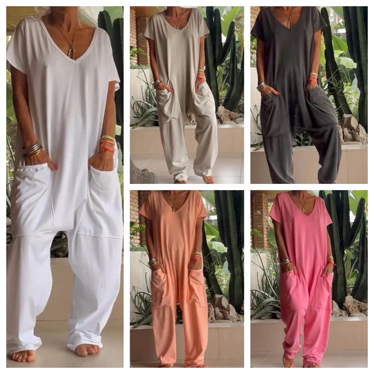 Women's Summer Solid Color Oversized Pocket Jumpsuits