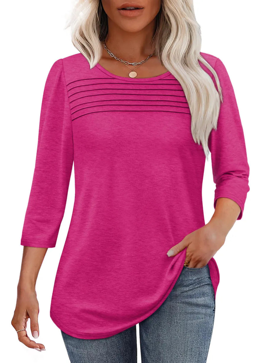 Women's Round Neck Sleeves Chest Tuck Line Blouses