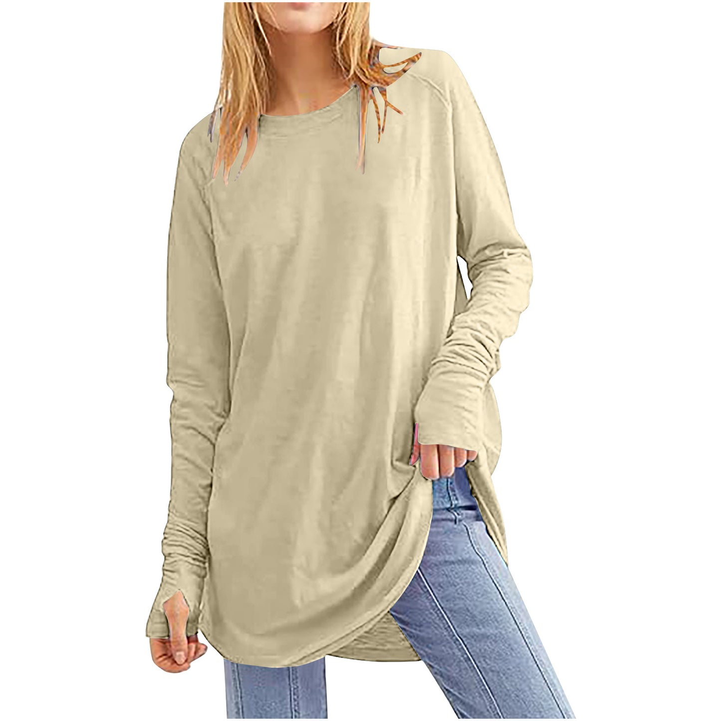 Women's Solid Color Loose Round Neck Long Sleeve With Blouses