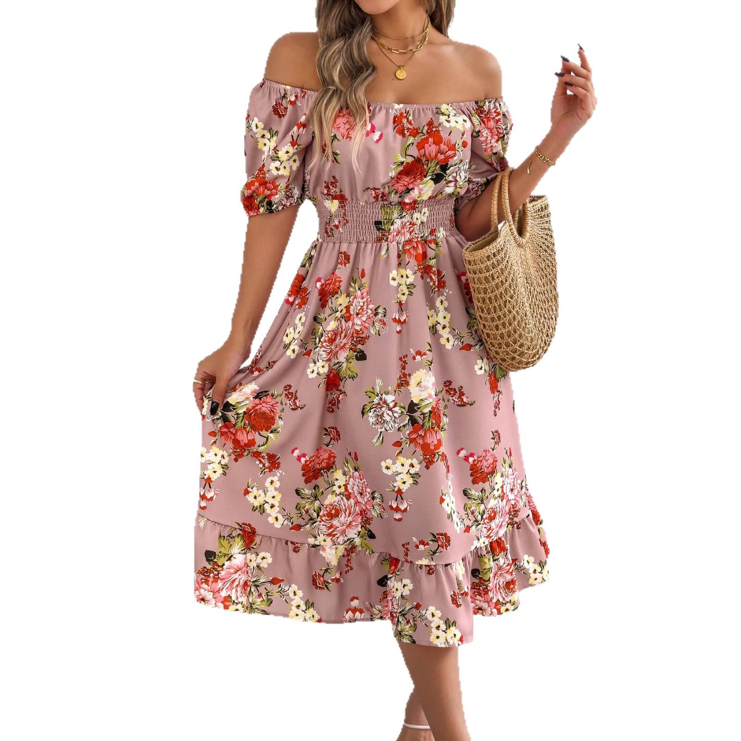 Women's Flower Sleeve Ruffled A- Line Holiday Dress