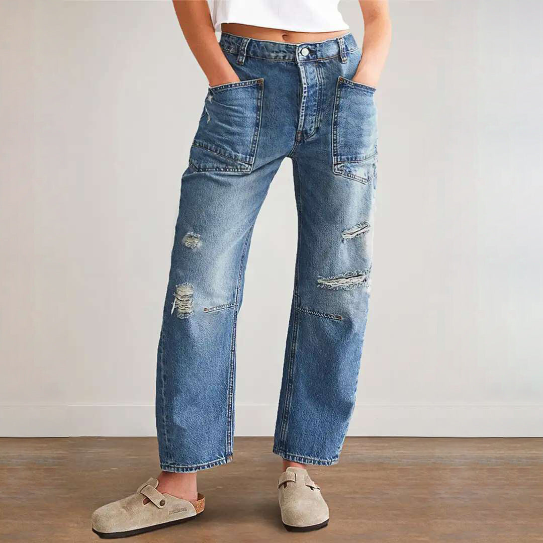 Women's Tattered Casual Patchwork Banana Baggy Straight Jeans