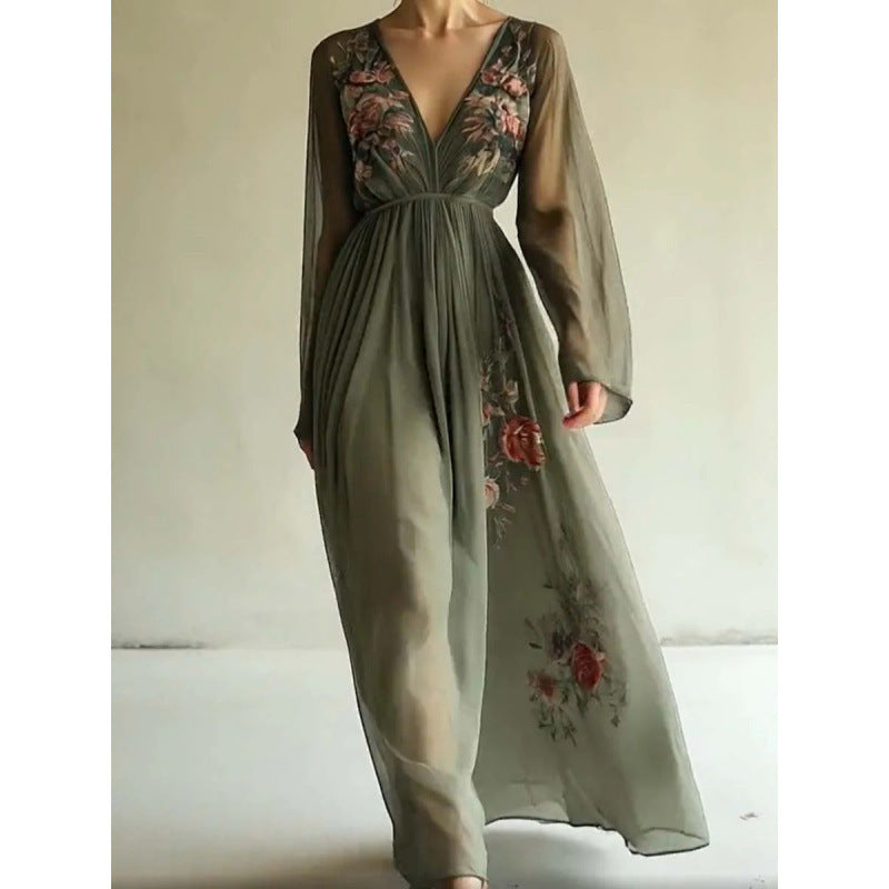 Digital Positioning Printed Long Sleeve Collar Dress