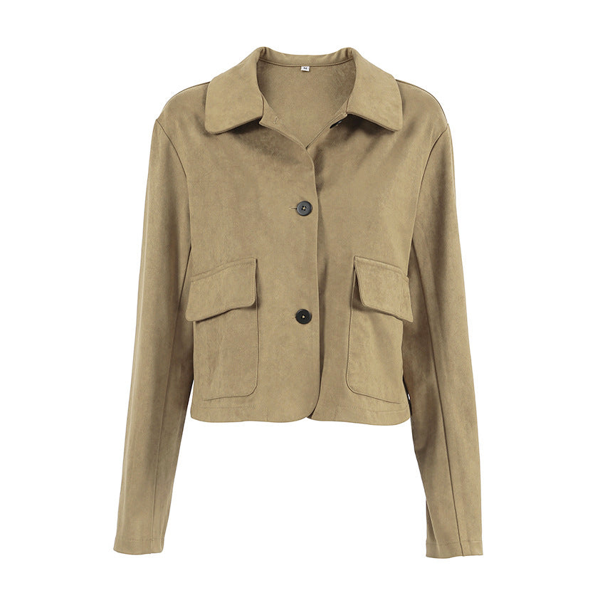 Women's Autumn Fashion Brown Suede Polo Collar Coats