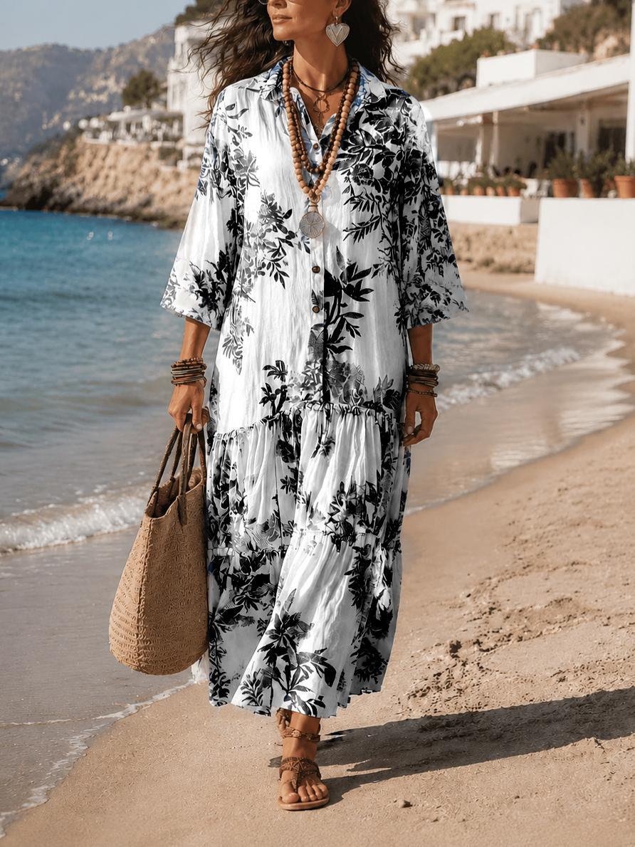 Plant Floral Print Long Sleeve Shirt Pleated Expansion For Dress