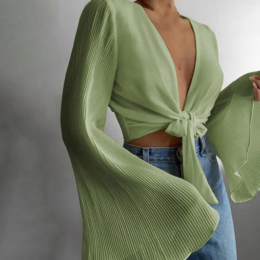 Mature Solid Color Pleated Extra Long Flare Sleeve Slim Blouses