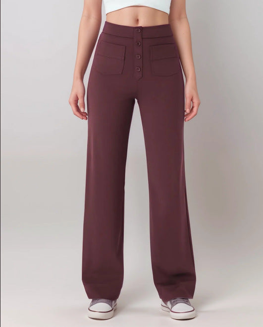 Fashion Casual Straight High Belt Buckle Elastic Pants