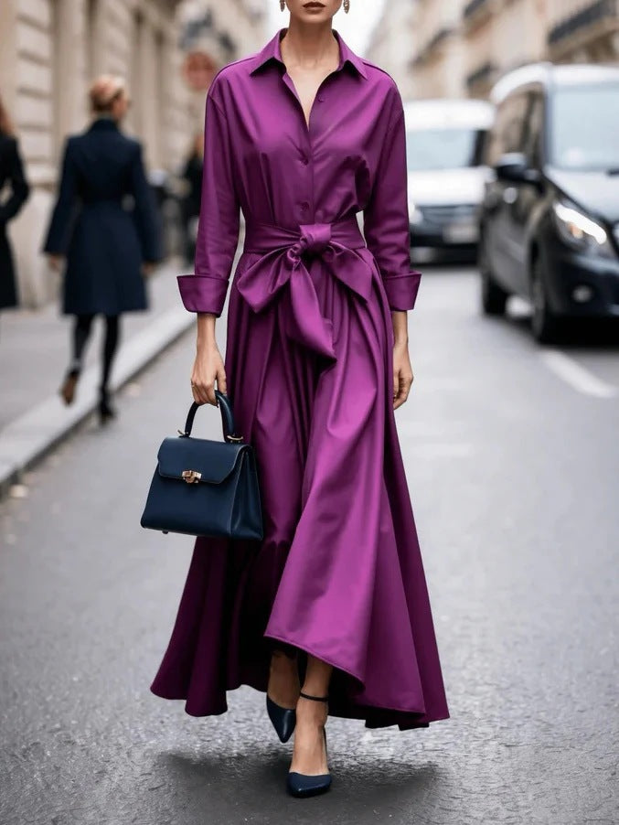 Women's Long Sleeve Pure Color Tied Lapel Dresses