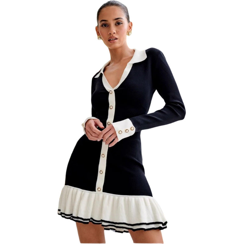 Bow Bandage Ruffled Knitted Dress Pearl Dresses