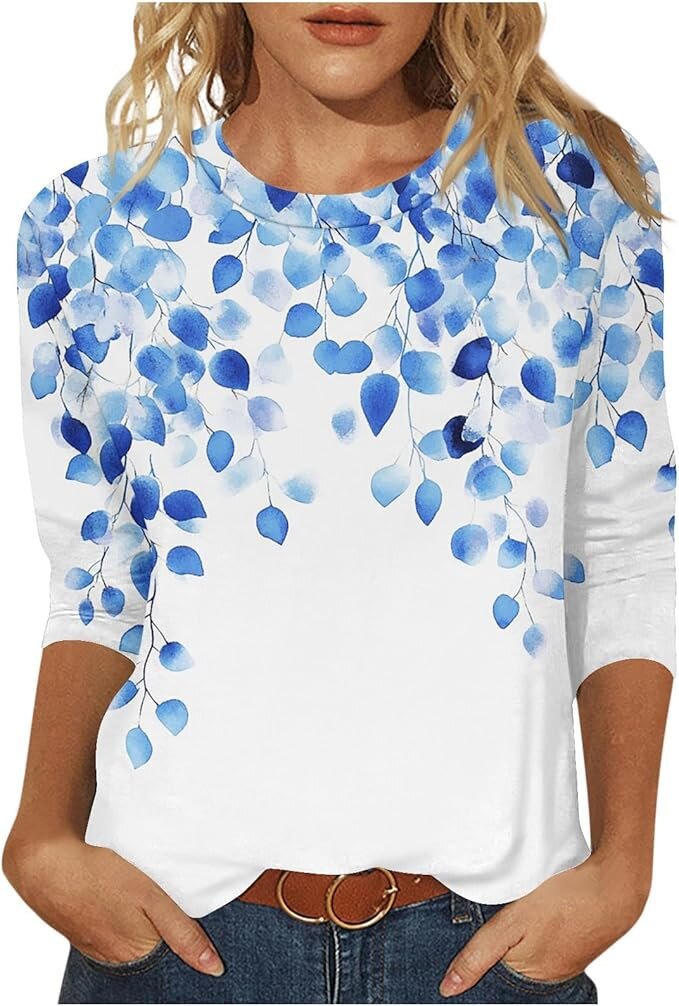 Women's Round Neck Sleeves Loose Print T-shirt Blouses
