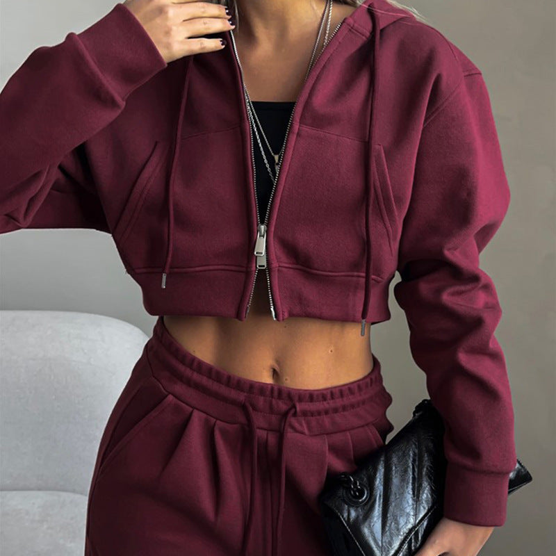 Women's Casual Solid Color Midriff Outfit Hooded Suits