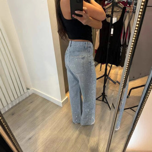 Women's Rhinestone High Waist Wash Spring Loose Jeans