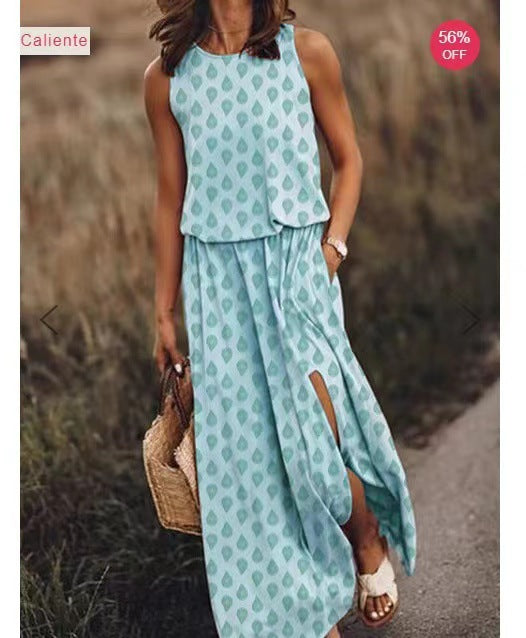Women's Summer Round Neck Sleeveless Dress Split Dresses