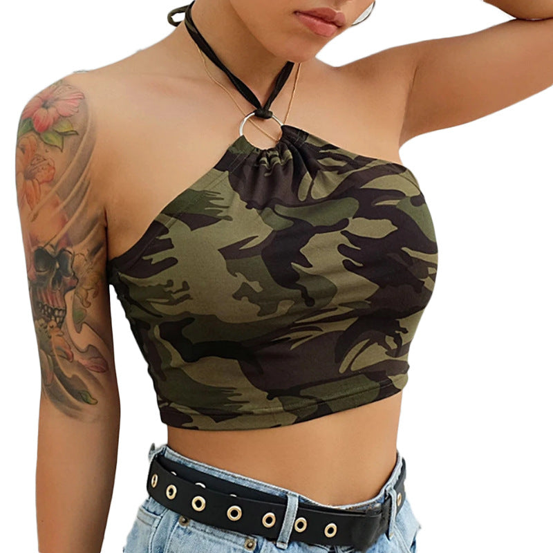 Women's Sexy Ring Camouflage Print Sleeveless Backless Tops