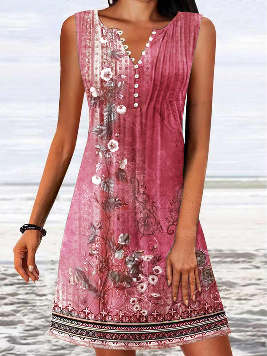 Summer Printed Button Cinched Sleeveless Knitted Dresses