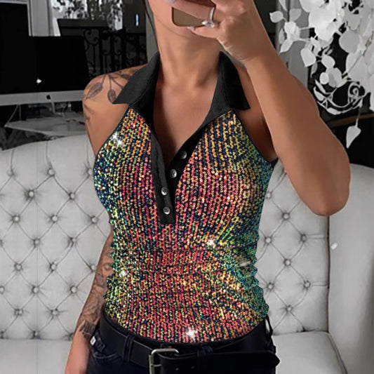 Women's Sexy V Lapel Button Sequined Sleeveless Tops
