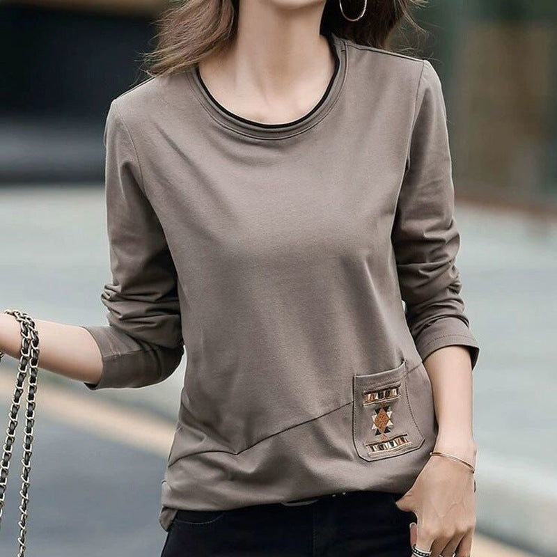 Women's Embroidered Pocket Long Sleeve T-shirt Autumn Stitching Blouses