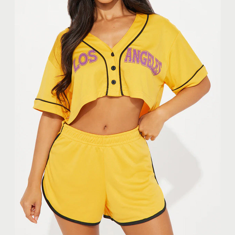 Women's Spring Sports Collar Button Elastic Waist Suits