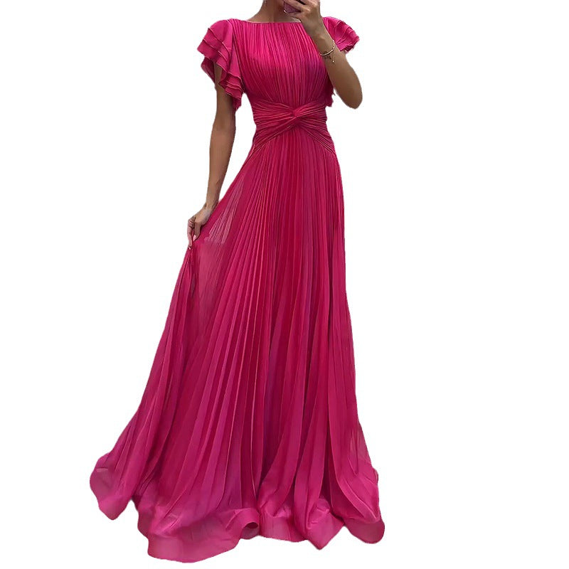 Round Neck Pleated Cross Solid Color Dresses