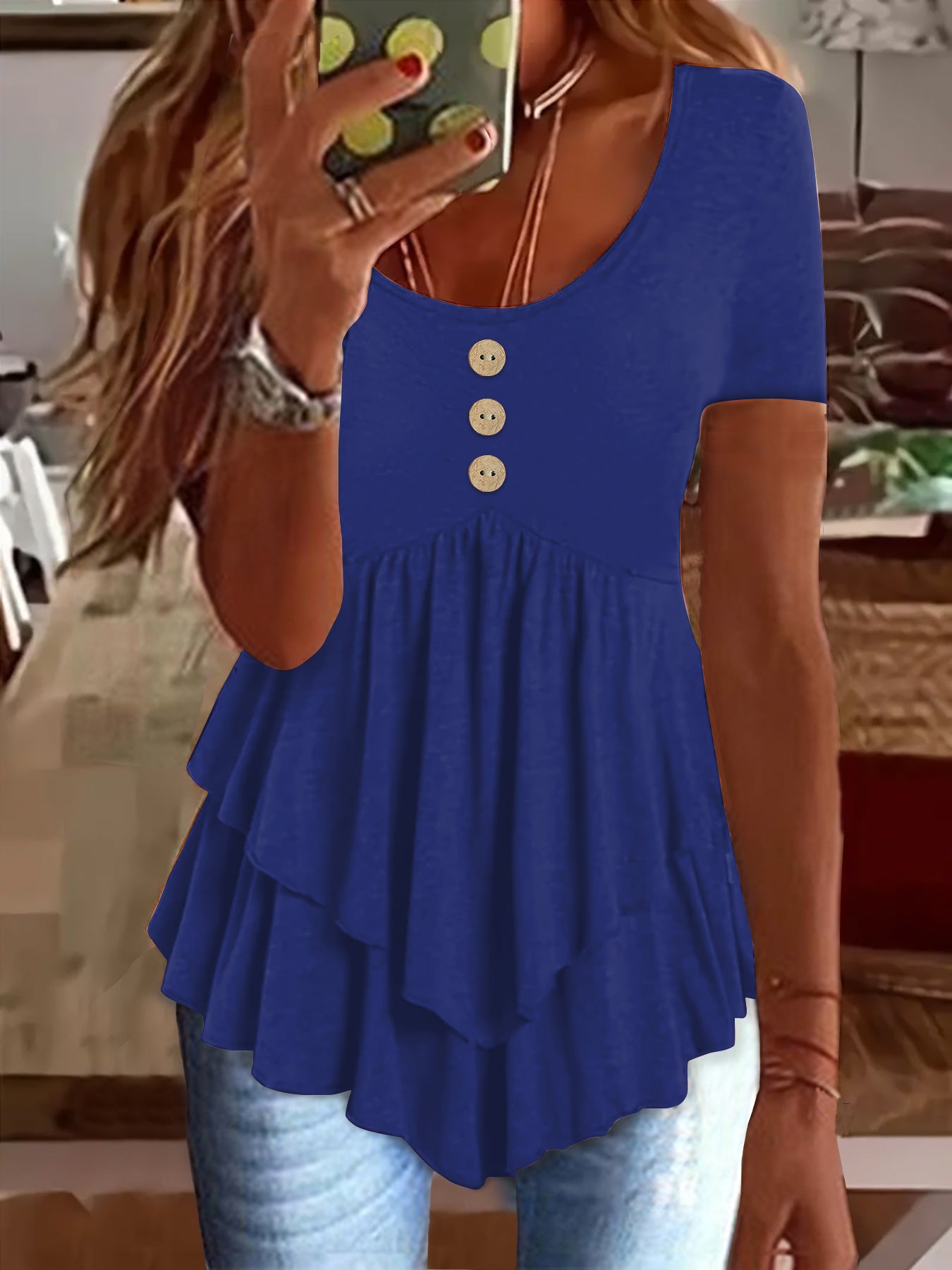 Women's Fashion Button Casual Solid Color Sleeve Blouses