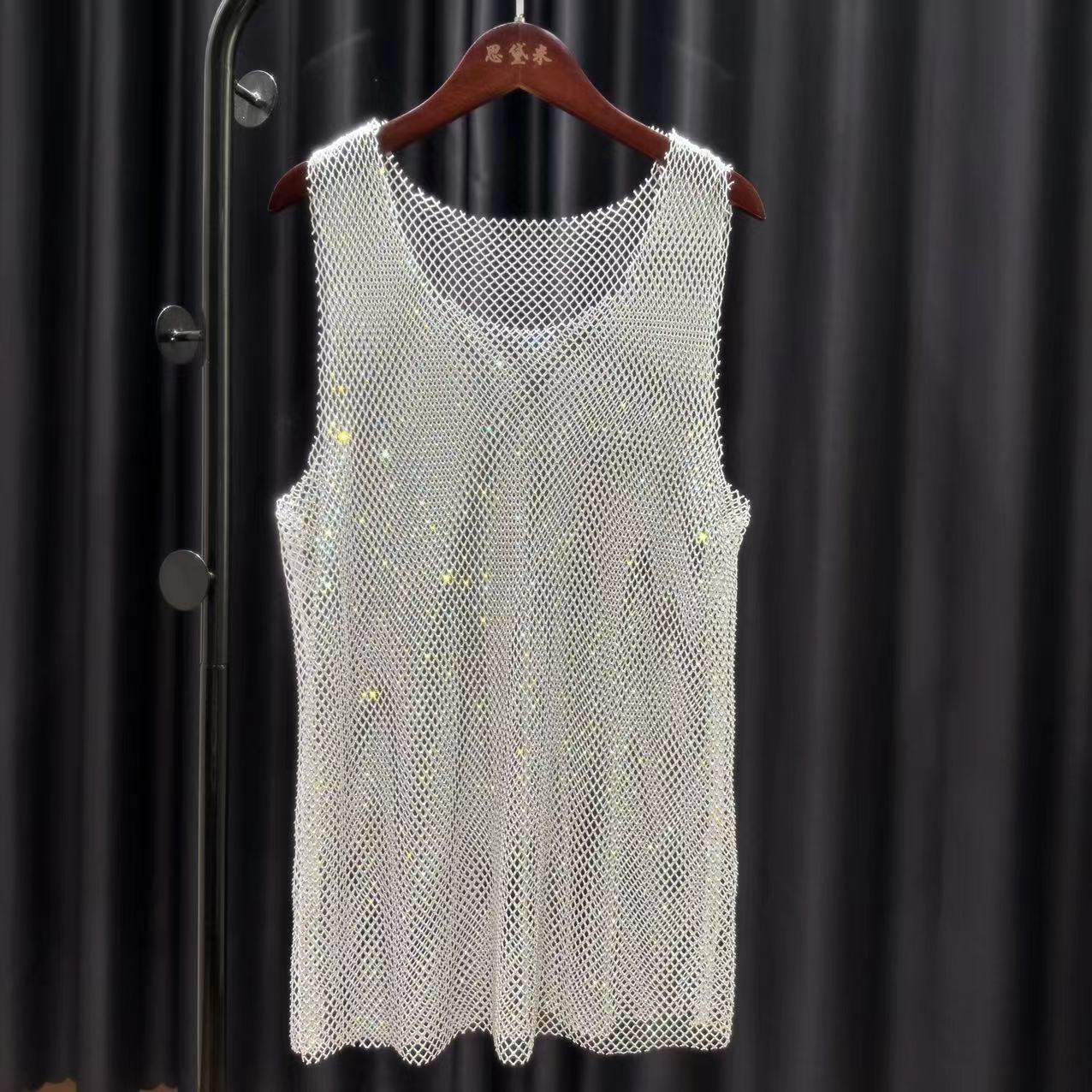 Women's & Men's & Rhinestone Long Mesh Shirt Hollow Blouses