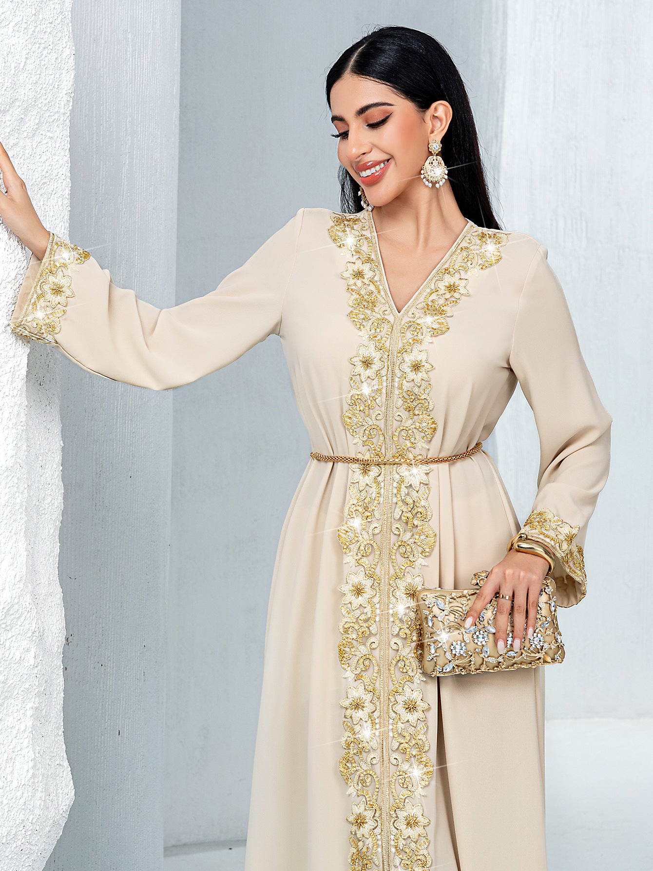 Beige A- Line Fashionable Golden Lace Dresses