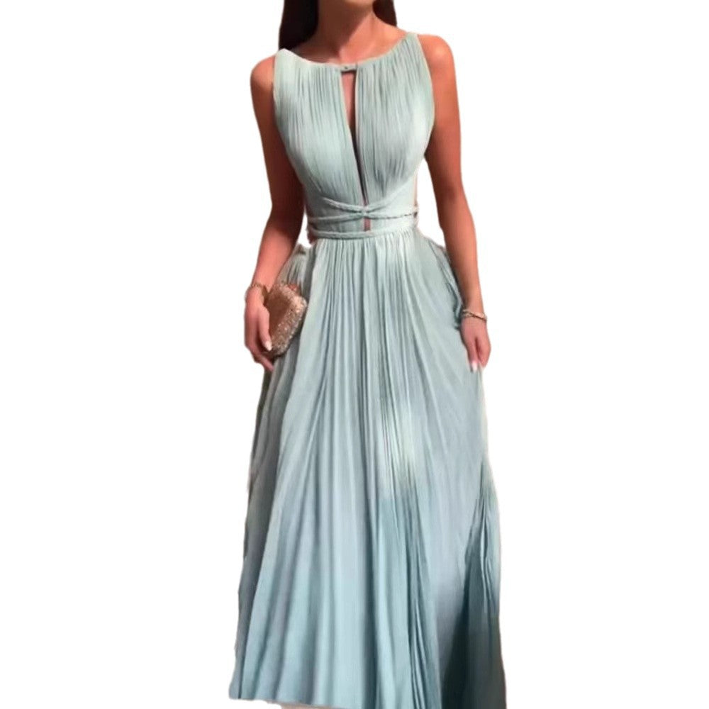 Summer Pleated Tie Sleeveless Backless Solid Dresses
