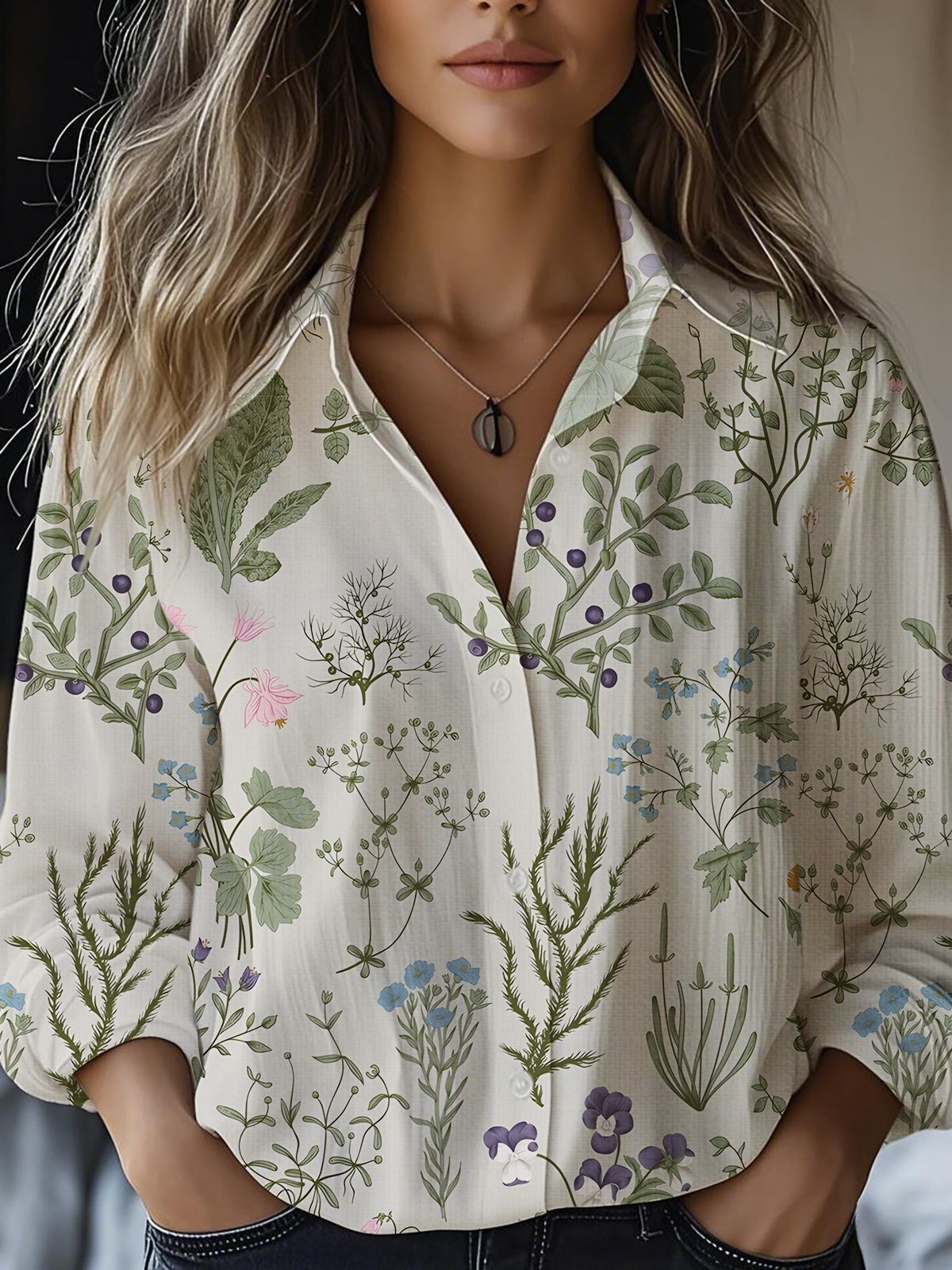 Printed Long-sleeved Shirt Imitation Cotton Linen Blouses
