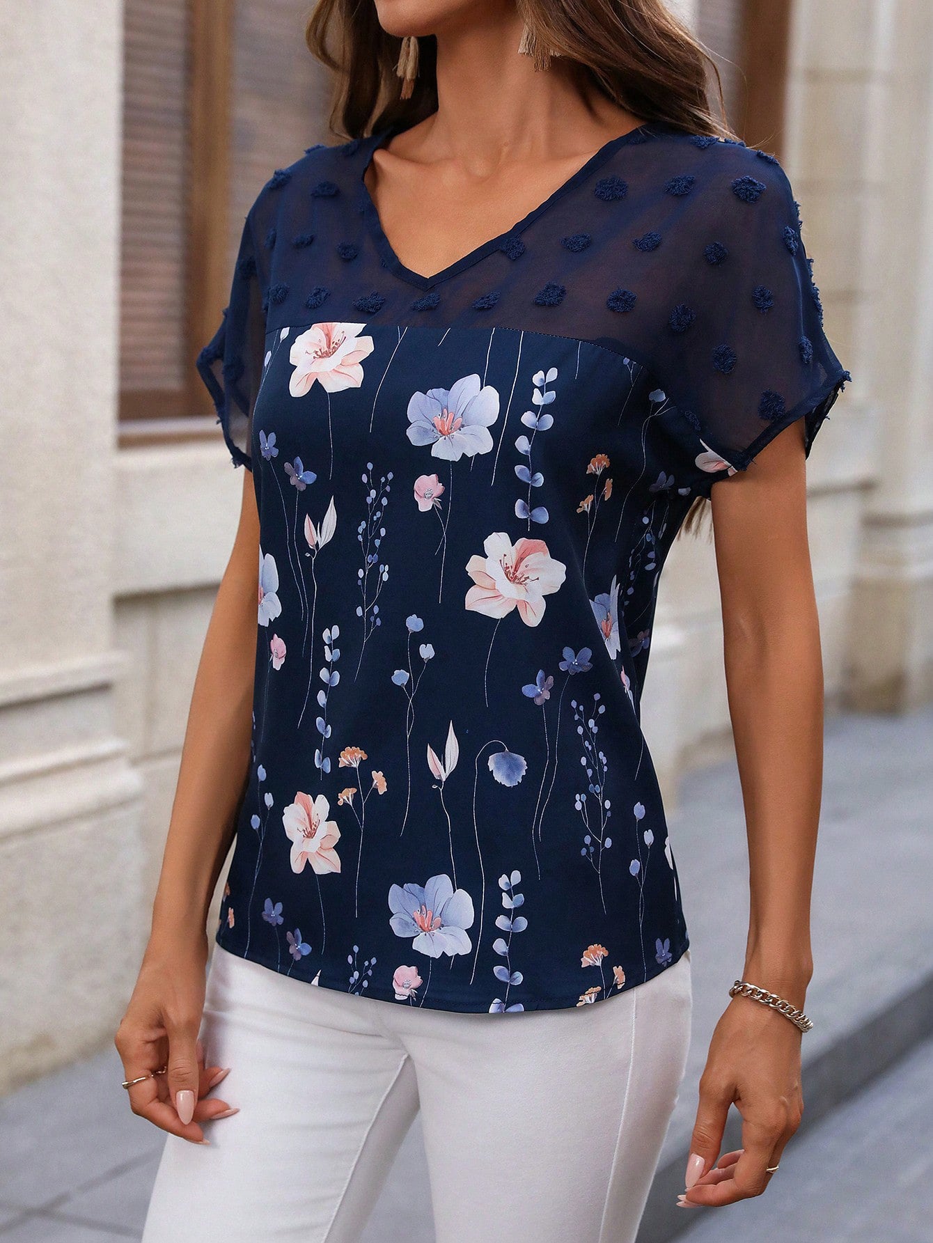 Women's Summer Fashion Printed Lace Stitching Short-sleeved Blouses