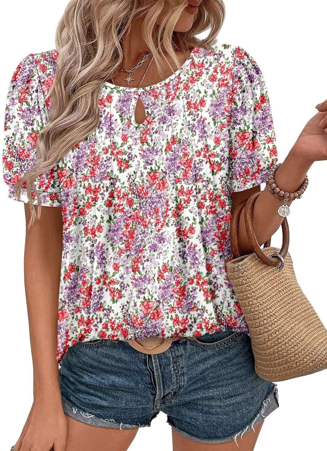 Women's Floral Print Round Neck Ripped Leisure Blouses