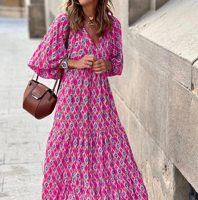 Women's Autumn Geometric Print Puff Sleeve Dress Dresses