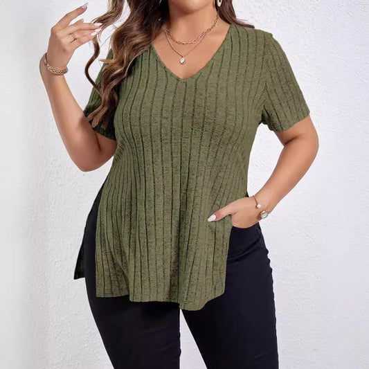Women's Solid Color Short-sleeved Split Sunken Stripe Blouses