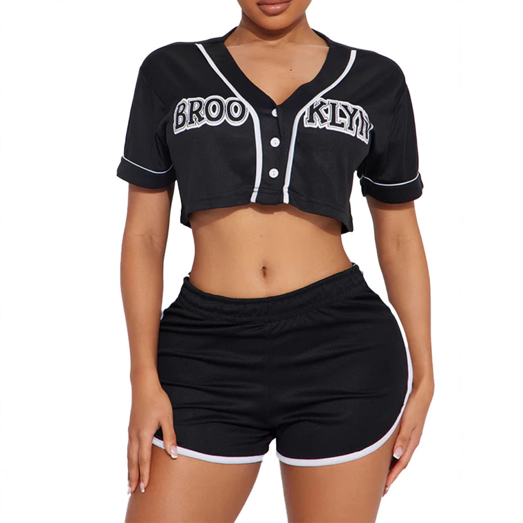 Women's Spring Sports Collar Button Elastic Waist Suits