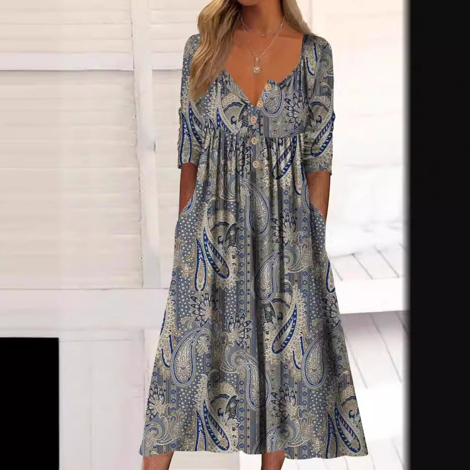 Women's Printed Pocket Clinch Long Dress Plus Size