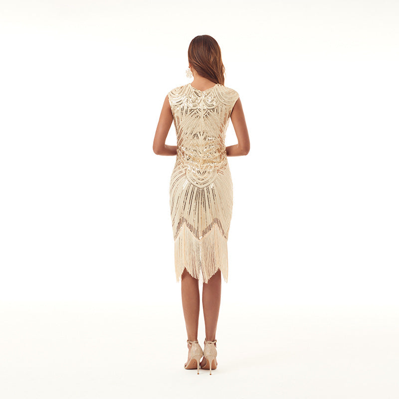 Women's Sequin Formal Dress Beaded Tassel Banquet Evening Dresses