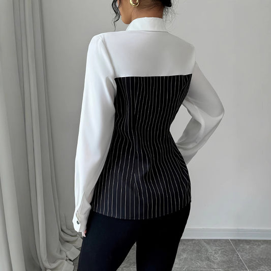 Popular Shirt Collar Single-breasted Patchwork Stripes Blouses