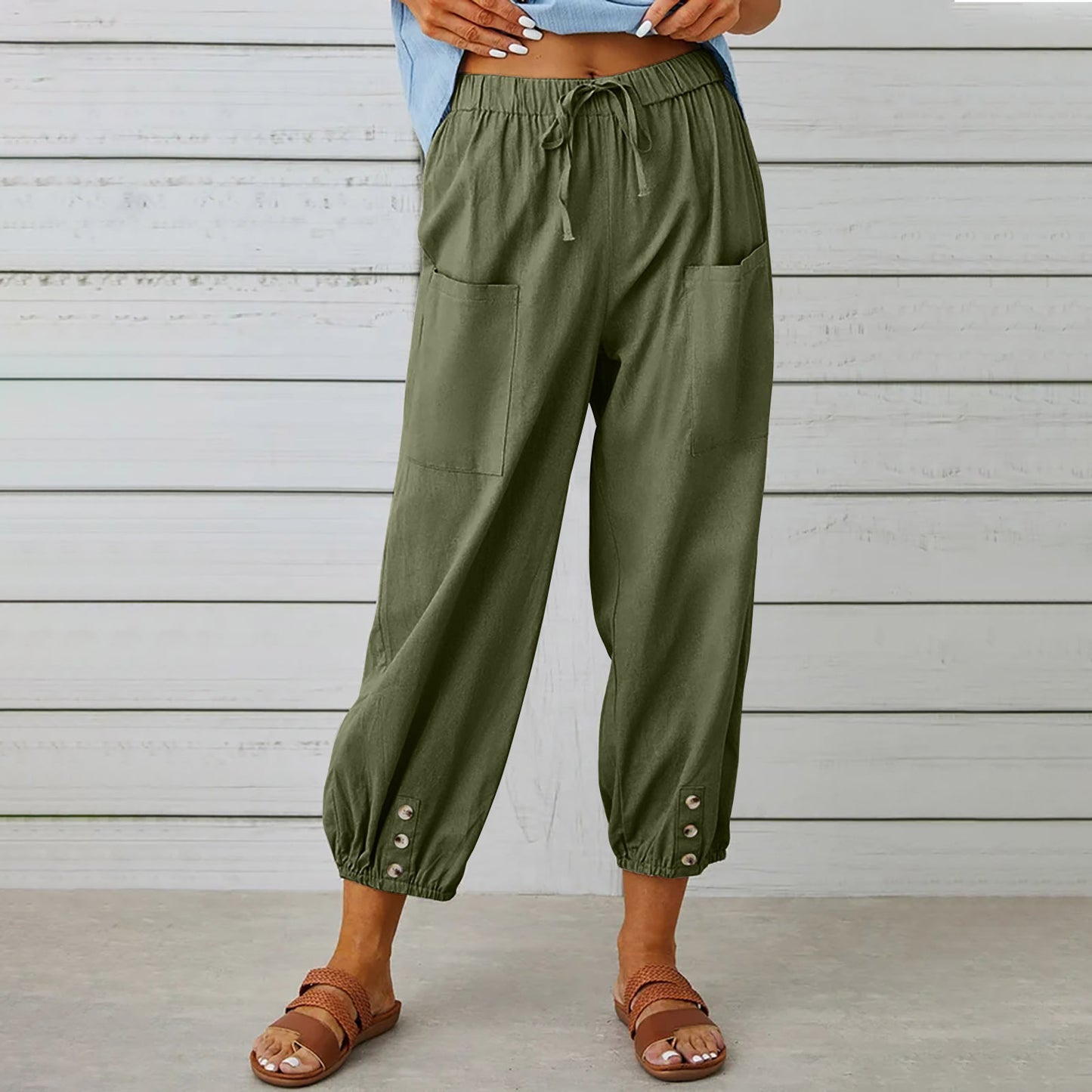 Women's High Waist Button Cotton Linen Trousers Pants