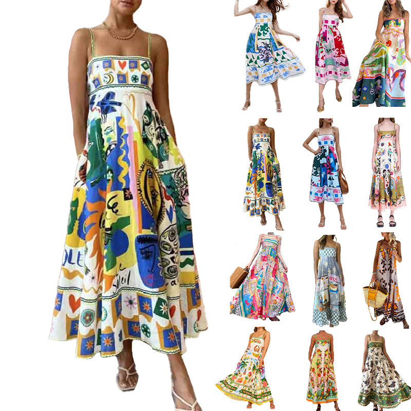 Women's High Waist Print Painted Large Swing Dresses