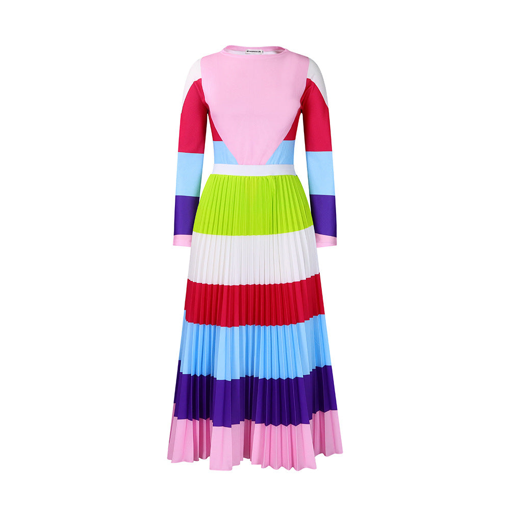 Pleated Print Contrast Color Long Sleeve Two-piece Tops