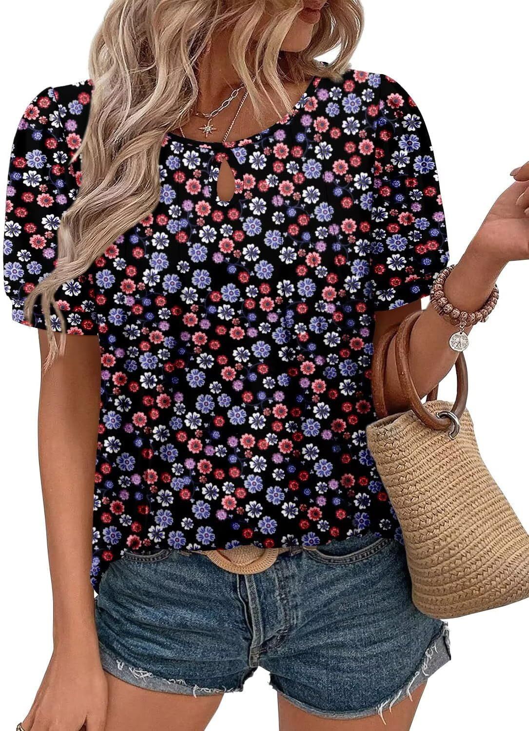 Women's Floral Print Round Neck Ripped Leisure Blouses