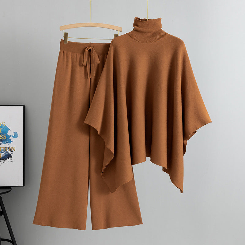 Women's Two-piece Turtleneck Cape Knitted Wide Leg Elegant Fashion Casual Suit