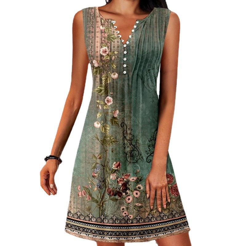 Summer Printed Button Cinched Sleeveless Knitted Dresses
