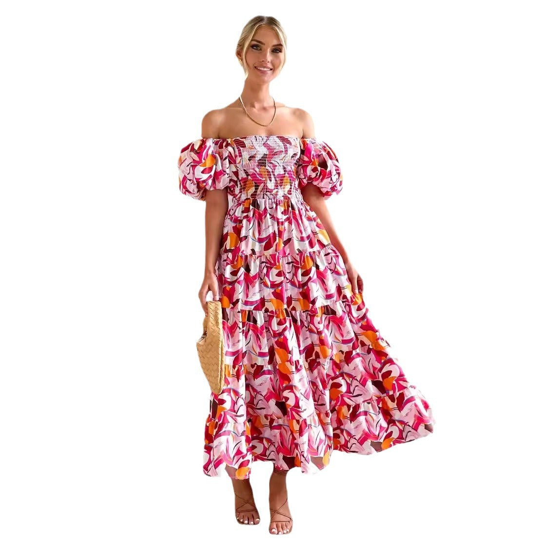 Women's Summer Puff Sleeve Holiday Slim Looking Long Dress Hot Dresses