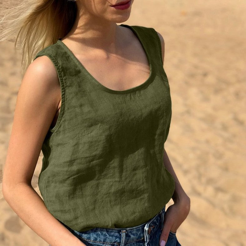 Women's Cotton Linen Summer Solid Color Round Tops