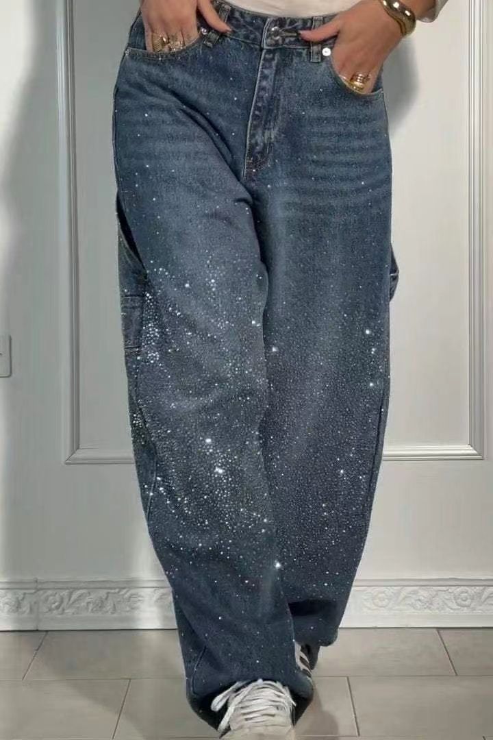 Women's American Street Style Rhinestone Straight Jeans