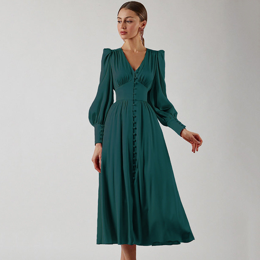 Women's Satin Dress Design Sense Lantern Sleeve Waist Dresses
