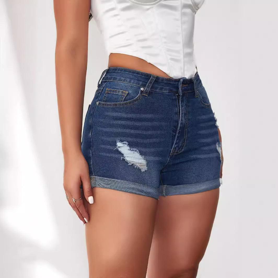 Women's Summer Ripped Denim Stretch Curling Shorts