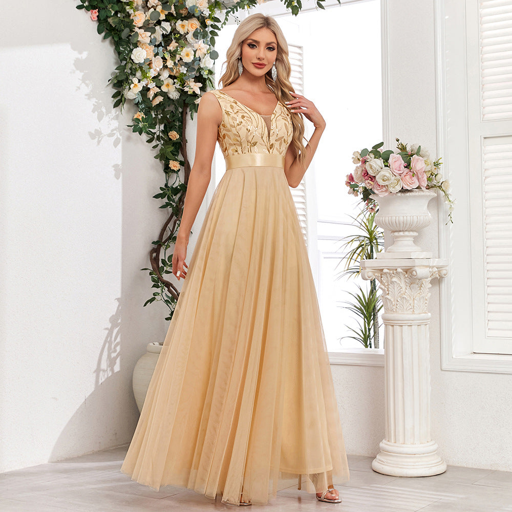 Sleeveless Double Dress Tulle Embroidery Long Evening Dresses