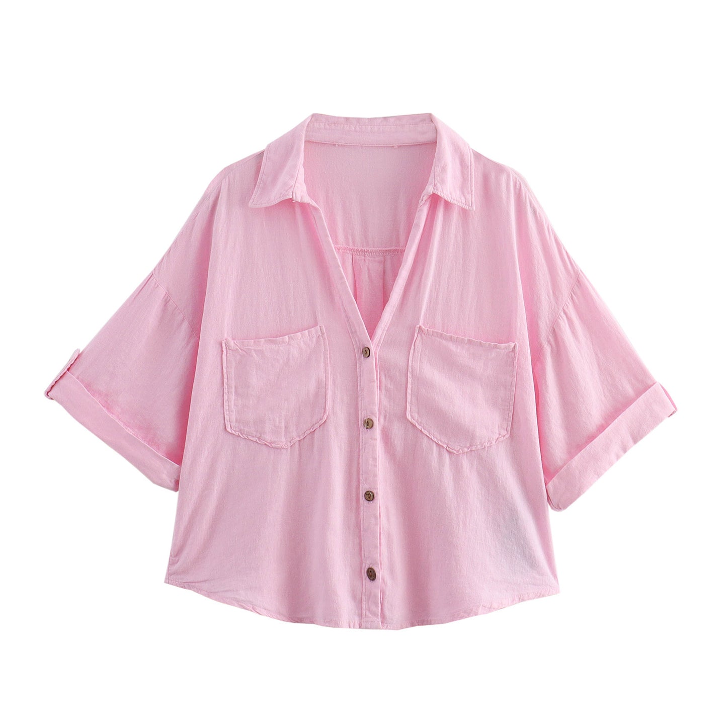 Women's Summer Blended Pocket Decoration Loose Shirt Blouses
